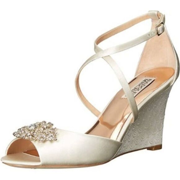 Badgley Mischka Cream Abigail Evening Wedge Sandals - Picture 1 of 10